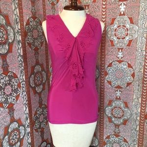 Fuchsia ruffle cutout collar tank